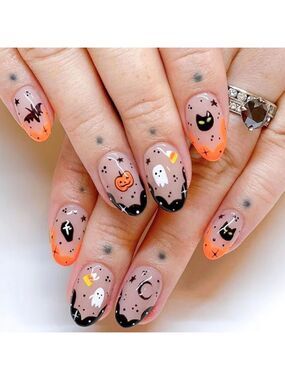 2/$10 Halloween False Nail Art Set - Orange & Black Cute Spooky Design